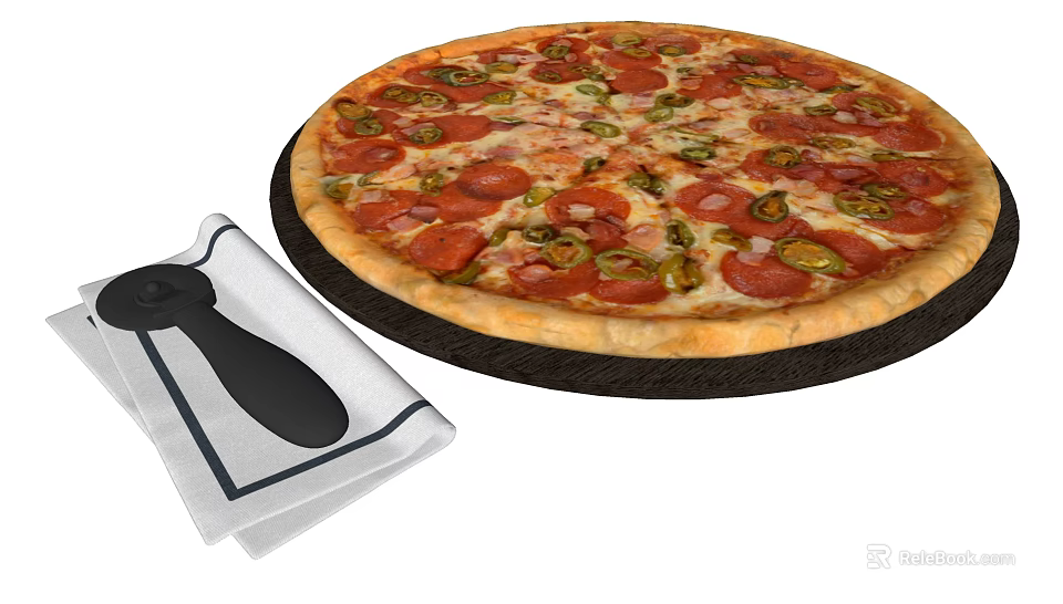 Delicious Pepperoni Pizza Topped With Peppers Cheese And Served With Pizza Cutter And Cloth 3d model 