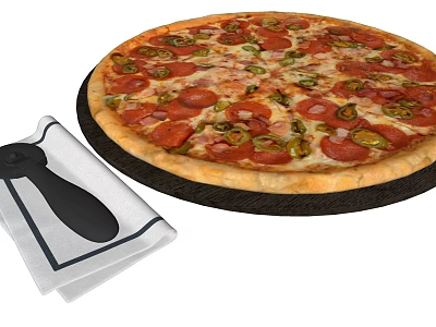 Delicious Pepperoni Pizza Topped With Peppers Cheese And Served With Pizza Cutter And Cloth 3d model