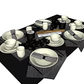 Stylish White Dinnerware Set with Gray Napkins Black Tablecloth and Decorative Elements 3d model