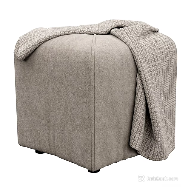 Modern Gray Upholstered Sofa Stool With Soft Plaid Blanket Draped Over 3d model