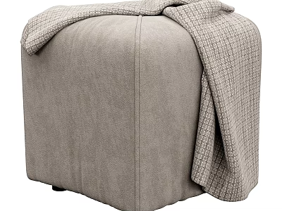 Modern Gray Upholstered Sofa Stool With Soft Plaid Blanket Draped Over 3d model