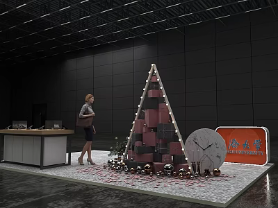 Christmas Tree Shaped Stacked Red Black Boxes With Large Clock And Woman 3d model