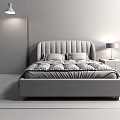 Comfortable Double Bed With Padded Headboard Gray Bedding Nightstand Table Lamp And White Horse Painting