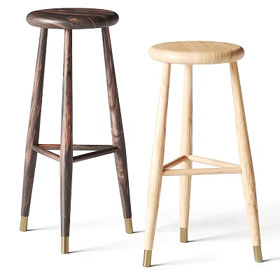 Two Modern Wooden Bar Stools With Dark And Light Colors Crossed Legs Brass Feet 3d model