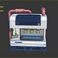 Industrial Equipment Unit With Copper Pipes Blue White Body Control Panel And Radiation Symbol