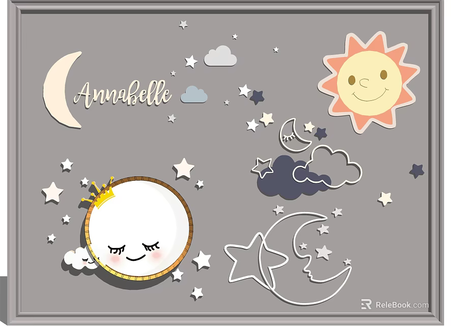 Annabelle Themed Wall Decor With Smiling Moon Sun Stars And Clouds 3d model 