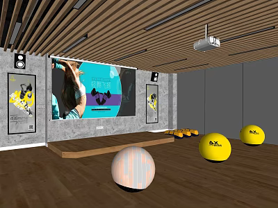 Fitness Studio Interior With Exercise Balls Wall Posters And Wooden Floor 3d model