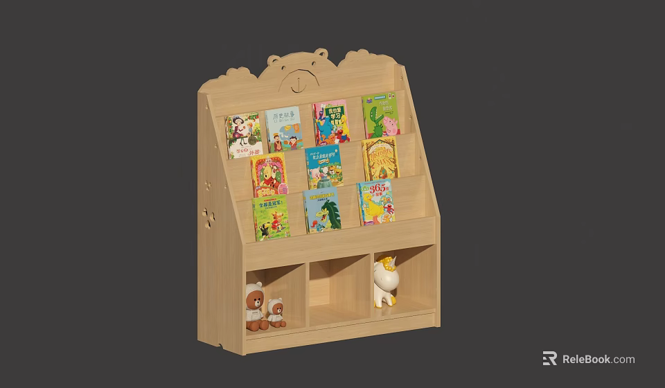 Cute Wooden Kids Bookcase With Colorful Children's Books Small Toys And Open Shelves 3d model 