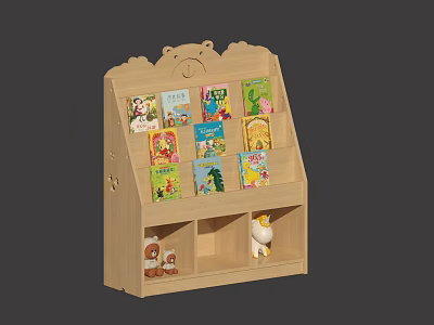 Cute Wooden Kids Bookcase With Colorful Children's Books Small Toys And Open Shelves 3d model