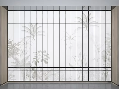 Modern Room Partition With Grid Design Translucent Panels Featuring Plant Patterns 3d model