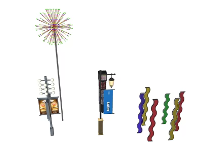 Outdoor Lights Featuring Firework Shaped Designs Street Lamps With Billboards And Colorful Spiral Decorations 3d model