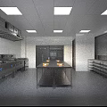 Commercial Kitchen Interior With Stainless Steel Equipment White Tile Walls Central Worktable And Ventilation System