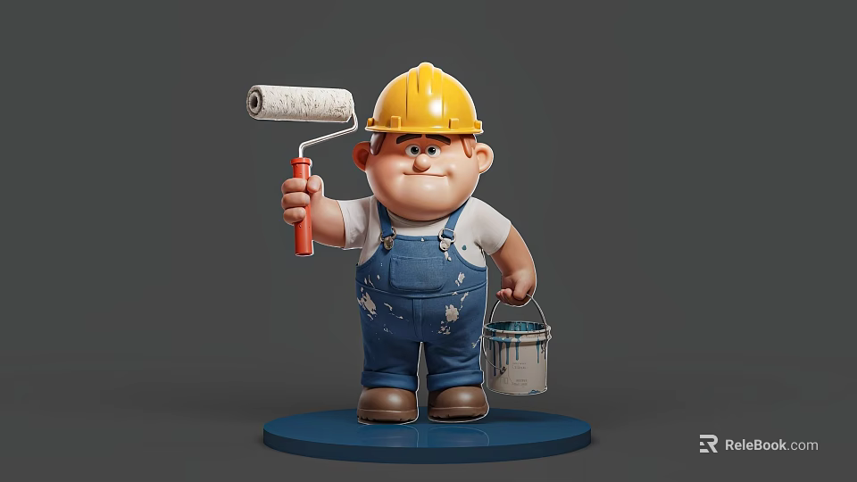 Man In Yellow Hard Hat And Blue Overalls Holding Paint Roller And Bucket 3d model 