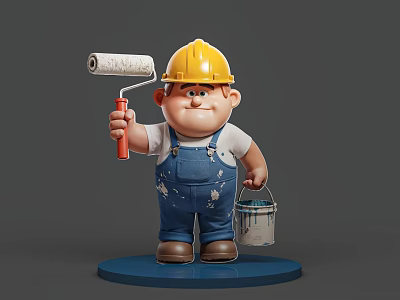 Man In Yellow Hard Hat And Blue Overalls Holding Paint Roller And Bucket 3d model