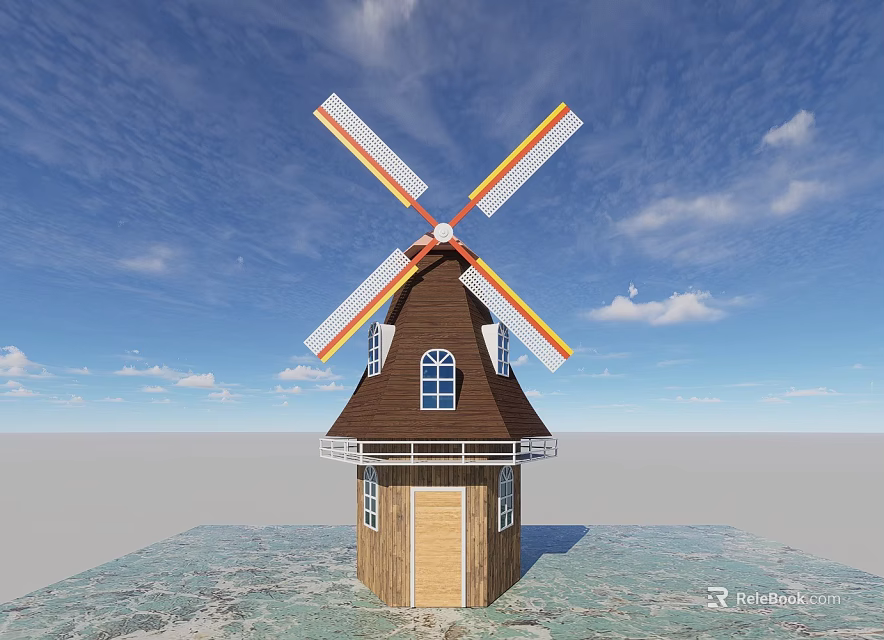 Classic Windmill Building Structure With Brown Roof Wooden Door Windows and Colorful Rotating Blades 3d model 