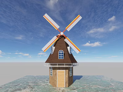 Classic Windmill Building Structure With Brown Roof Wooden Door Windows and Colorful Rotating Blades 3d model