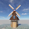 Classic Windmill Building Structure With Brown Roof Wooden Door Windows and Colorful Rotating Blades