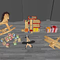 Assorted Children's Wooden Toys Including Rocking Horse Blocks Airplanes And Gift Boxes