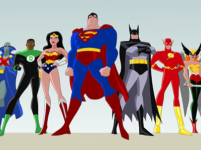 Animated Superhero Group Standing Together With Superman Batman Wonder Woman And Flash 3d model