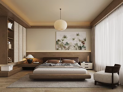 Modern Bedroom Interior Design with Bed Nightstand Table Lamp Wall Art Pendant Light Curtains Rug 3d model