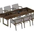 Rustic Wooden Dining Table Set With Six Light Gray Woven Back Chairs 3d model