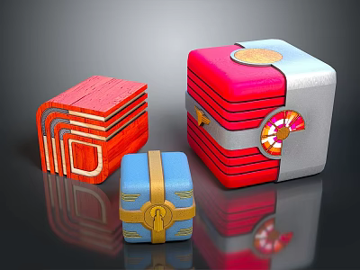 Set Of Three Colorful Decorative Cube Boxes With Wooden And Metallic Details 3d model