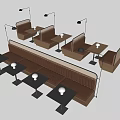 Public Bench Seating With Wooden Frames Brown Leather And Floor Lamps In Indoor Space