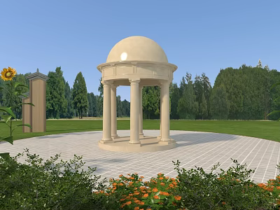 Stone Gazebo With Dome And Columns In Garden With Grass Trees And Sunflowers 3d model