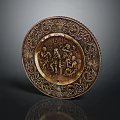 Elegant Circular Copper Jewelry Plate With Intricate Engraved Figures And Patterns 3d model