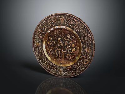 Elegant Circular Copper Jewelry Plate With Intricate Engraved Figures And Patterns 3d model