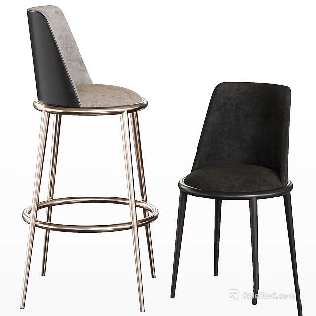 Modern Velvet Bar Stool and Dining Chair with Golden and Black Metal Legs 3d model 
