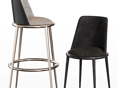 Modern Velvet Bar Stool and Dining Chair with Golden and Black Metal Legs 3d model