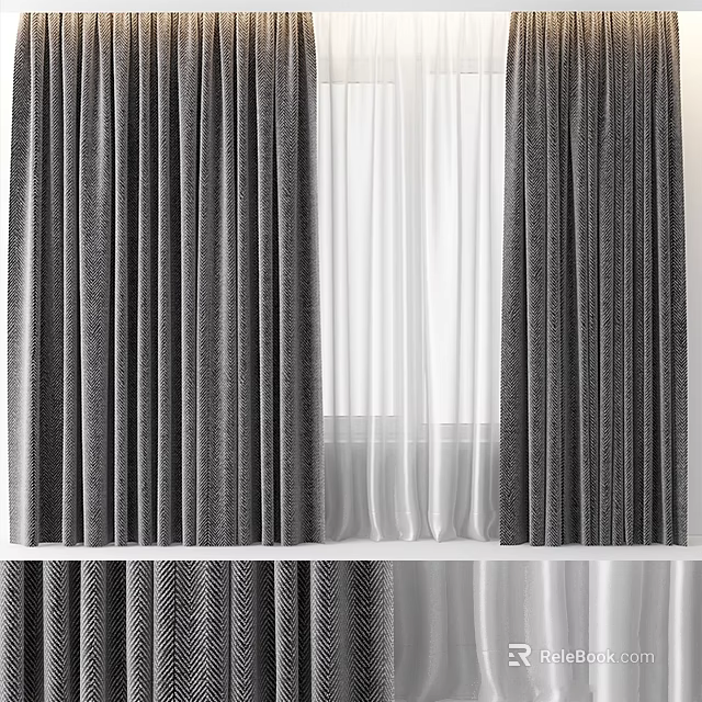 Textured Gray Curtains With White Sheer Layers For Modern Window Treatment 3d model 