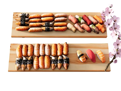 Assorted Sushi Platter With Different Rolls On Wooden Plates And Cherry Blossoms 3d model
