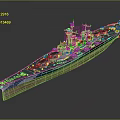 Detailed Battleship 3D Model With Blue Hull Brown Waterline And Turrets On Deck