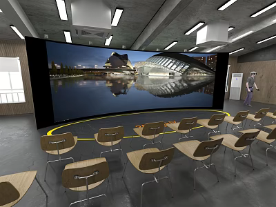 School Modern Classroom Featuring Large Screen Projection And Circular Seating Arrangement 3d model