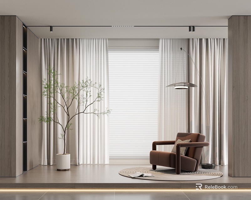 Light Colored Modern Curtain In Living Room With Window Blind Brown Armchair And Green Plant 3d model 