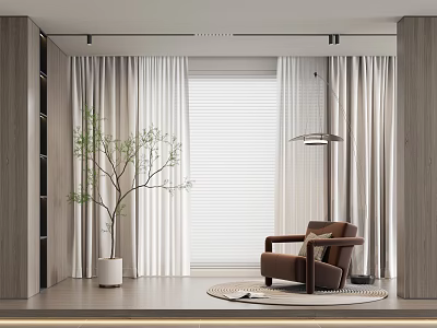 Light Colored Modern Curtain In Living Room With Window Blind Brown Armchair And Green Plant 3d model