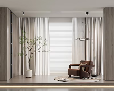 Light Colored Modern Curtain In Living Room With Window Blind Brown Armchair And Green Plant 3d model