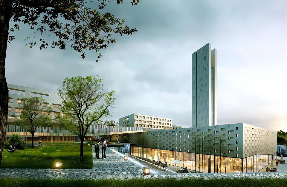 Modern Office Building Complex With Tall Tower Green Lawn And Outdoor Lighting 3d model 