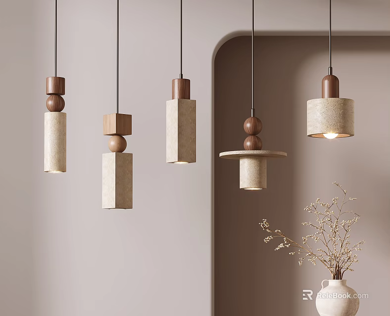 Stylish Modern Pendant Lights With Wooden Accents And Concrete Shades For Interior Decor 3d model 