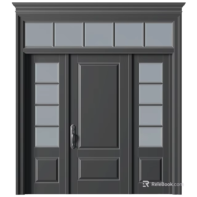 Dark Gray Swing Door Design With Solid Center And Glass Panels 3d model 