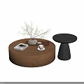 Round Wooden Coffee Table with Tray Books Stone Coffee Cup and Black Side Table