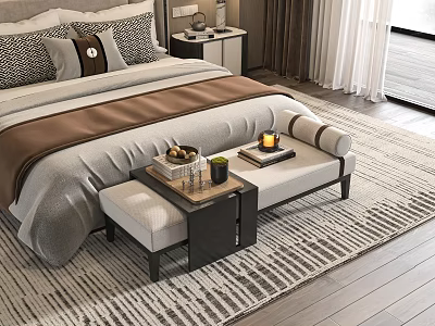 Elegant Bedroom With Gray Brown Bedding Bench Tray Fruits Candle Books Soft Rug And Wooden Floor 3d model