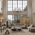 Modern Spacious Open Plan Living And Dining Room With High Ceiling And Large Floor Windows