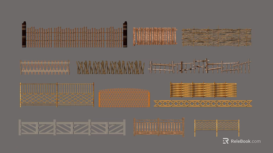 Various Architectural Fence Designs With Bamboo Wooden Metal Railings And Grid Striped Carved Patterns 3d model 