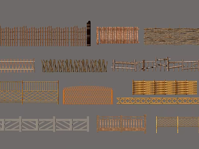 Various Architectural Fence Designs With Bamboo Wooden Metal Railings And Grid Striped Carved Patterns 3d model