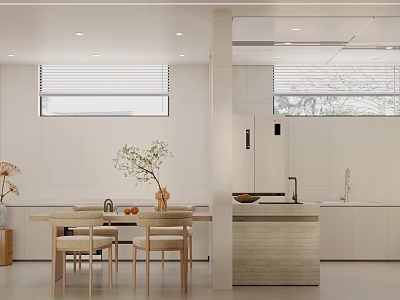 Modern Kitchen and Dining Interior With White Cabinets Dining Table Chairs Plant And Window Blinds 3d model