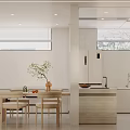 Modern Kitchen and Dining Interior With White Cabinets Dining Table Chairs Plant And Window Blinds