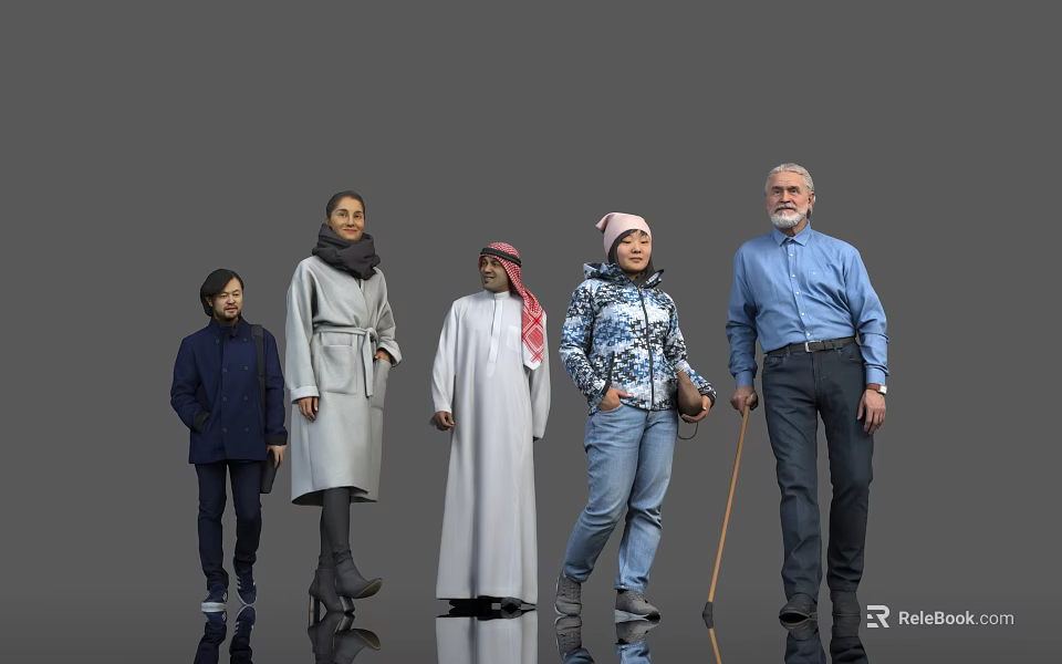 Diverse Group of People Standing in Row With Various Clothing Styles Against Gray Background 3d model 